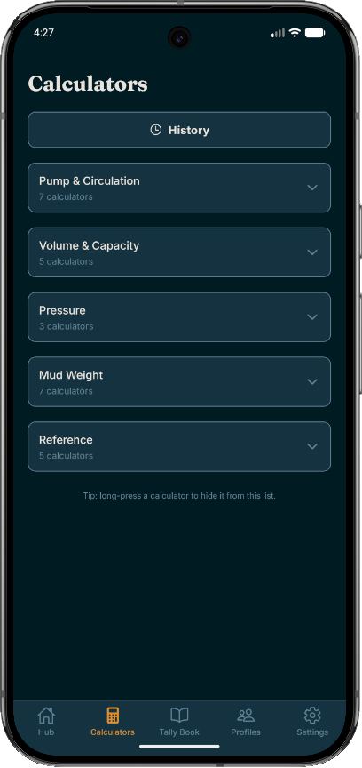 MudMan Calculators screen showing categories for Pump & Circulation, Volume & Capacity, Pressure, Mud Weight, and Reference