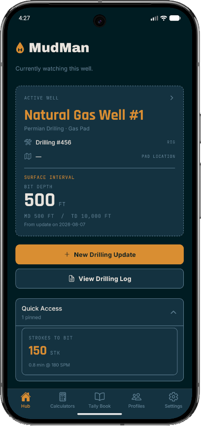 MudMan Hub screen showing the active well card, drilling update, and quick access drawer