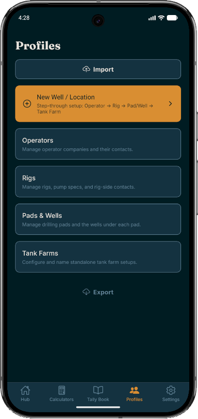 MudMan Profiles screen showing Operators, Rigs, Pads & Wells, and Tank Farms