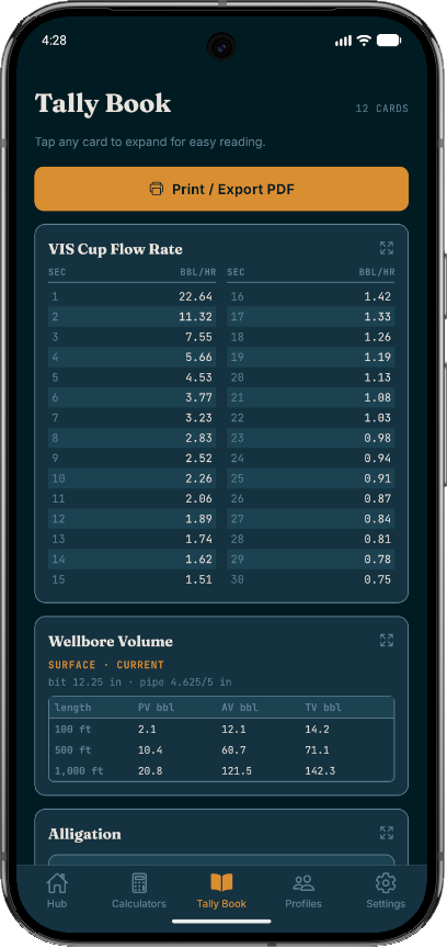 MudMan Tally Book screen showing saved calculation cards and print/export option